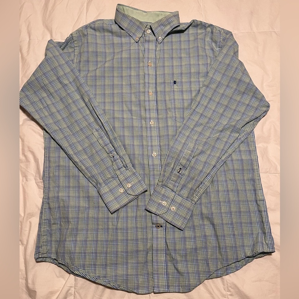 Izod Men’s Button Down, Long Sleeve Green & Blue Plaid Dress Shirt Size Large